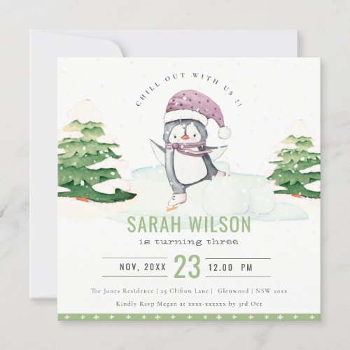 Cute Pastel Winter Penguin Kids Any Age Birthday Invitation