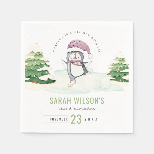 Cute Pastel Winter Penguin Kids Any Age Birthday Napkins (Front)