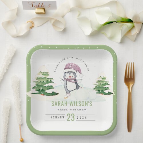Cute Pastel Winter Penguin Kids Any Age Birthday Paper Plates