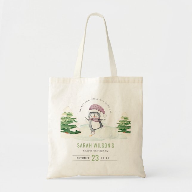 Cute Pastel Winter Penguin Kids Any Age Birthday Tote Bag (Front)