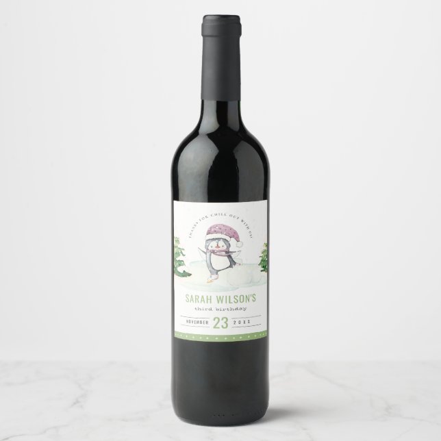 Cute Pastel Winter Penguin Kids Any Age Birthday Wine Label (Front)