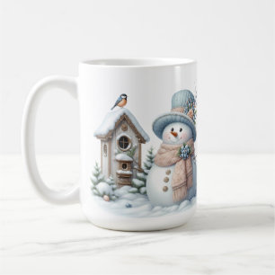 CUTE PASTEL WINTER SNOWMAN & BIRDHOUSE COFFEE MUG