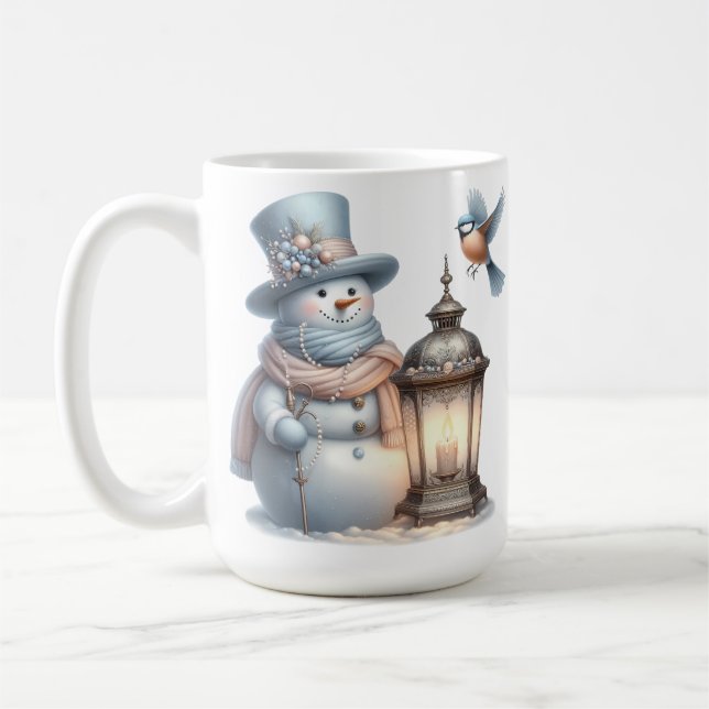 CUTE PASTEL WINTER SNOWMAN & LANTERN & BIRD COFFEE MUG (Left)