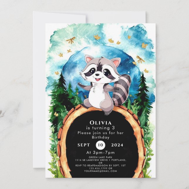 Cute Pastel Woodland Raccoon Birthday Invitation (Front)