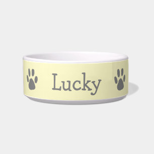 Cute Pastel Yellow and Gray Paw Print Pet Bowl
