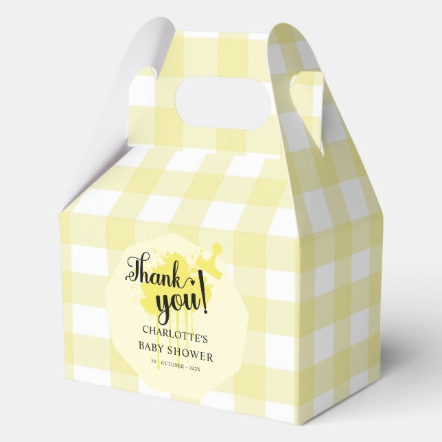 Cute Pastel Yellow Gingham Baby Girl Shower Favor Boxes (Front)