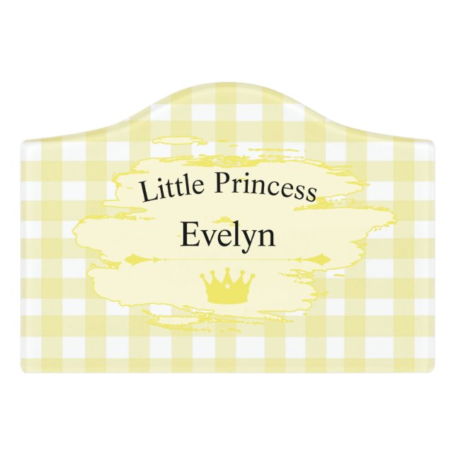 Cute Pastel Yellow Gingham Pattern Baby Girl Door Sign (Small Crest Front)