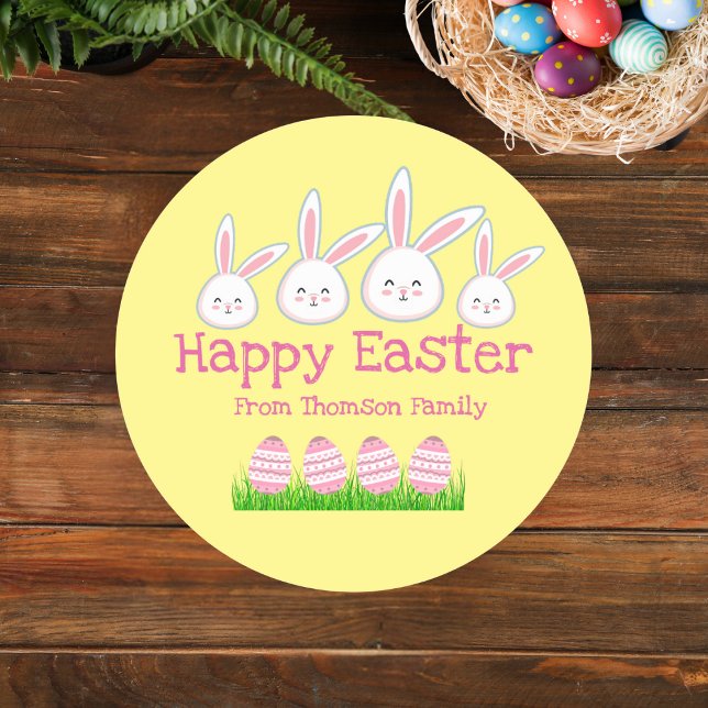 Cute Pastel Yellow Pink Easter Bunny Egg Classic Round Sticker (Creator Uploaded)