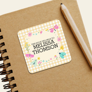 Cute Pastel Yellow Pink Floral Girls Name Square Sticker