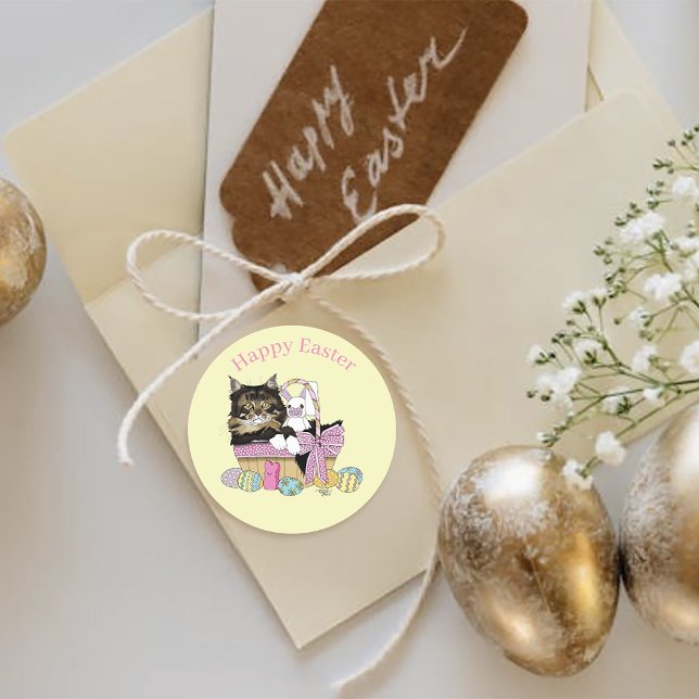 Cute Pastel Yellow Tabby Kitten Easter Basket Classic Round Sticker (Creator Uploaded)