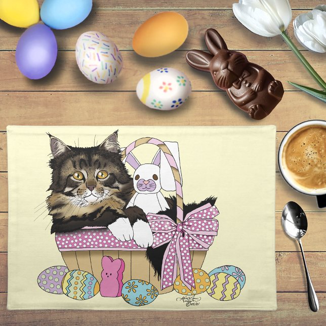 Cute Pastel Yellow Tabby Kitten Easter Basket Cloth Placemat (Creator Uploaded)