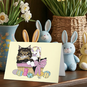 Cute Pastel Yellow Tabby Kitten Easter Basket Holiday Card