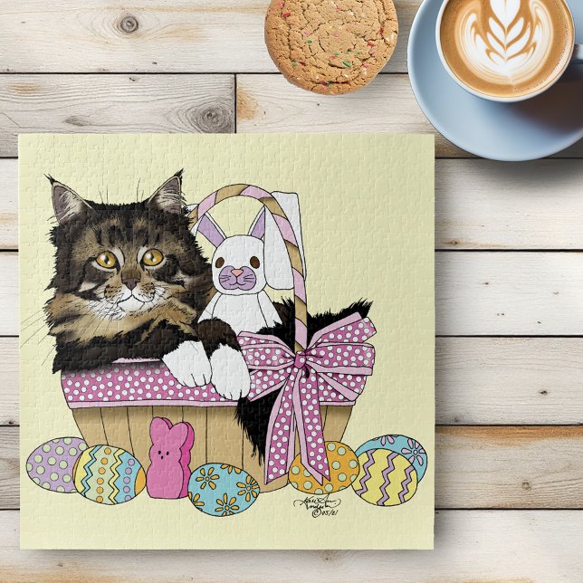 Cute Pastel Yellow Tabby Kitten Easter Basket Jigsaw Puzzle (Creator Uploaded)