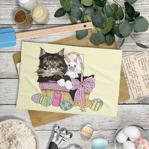 Cute Pastel Yellow Tabby Kitten Easter Basket Kitchen Towel