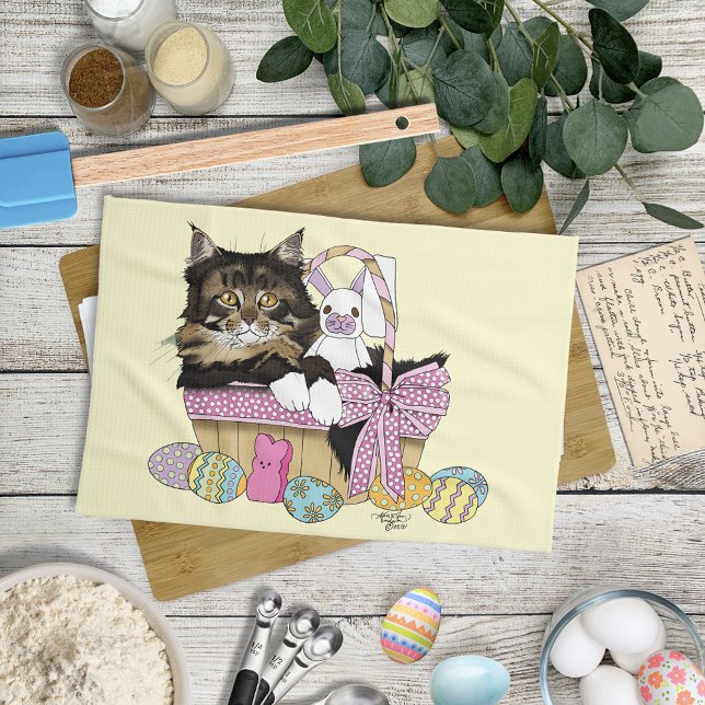 Cute Pastel Yellow Tabby Kitten Easter Basket Kitchen Towel (Creator Uploaded)