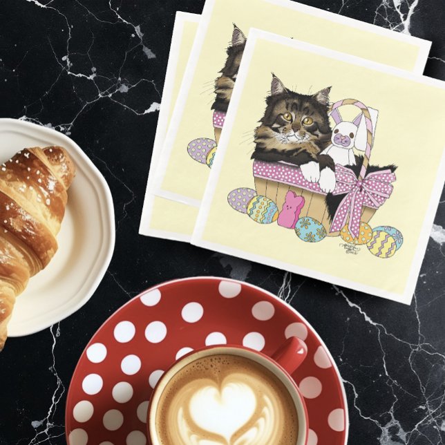 Cute Pastel Yellow Tabby Kitten Easter Basket Paper Dinner Napkins (Creator Uploaded)