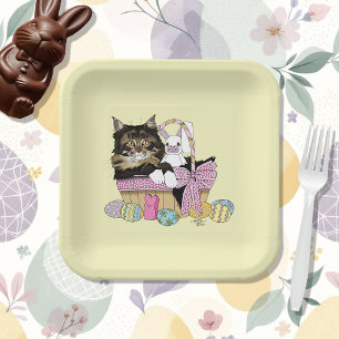 Cute Pastel Yellow Tabby Kitten Easter Basket Paper Plates