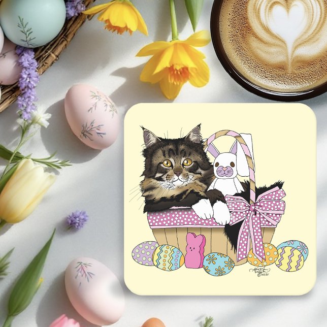 Cute Pastel Yellow Tabby Kitten Easter Basket Square Paper Coaster (Creator Uploaded)