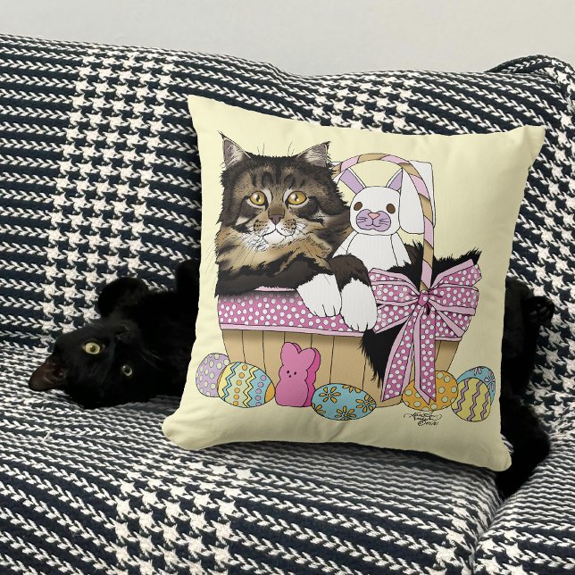 Cute Pastel Yellow Tabby Kitten Easter Basket Throw Pillow (Creator Uploaded)
