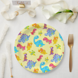 Cute Pastel Yellow Unisex Baby Dinosaur Birthday Paper Plates