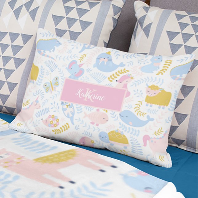 Cute Pastel Zoo Animal Monogrammed Girl Pink Accent Pillow (Creator Uploaded)