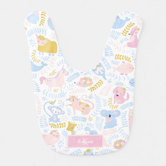 Cute Pastel Zoo Animal Monogrammed Girl Pink Baby Bib (Front)
