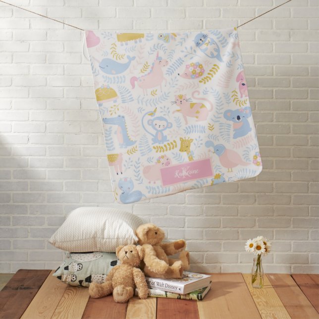 Cute Pastel Zoo Animal Monogrammed Girl Pink Baby Blanket (In Situ)