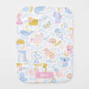 Cute Pastel Zoo Animal Monogrammed Girl Pink Baby Burp Cloth