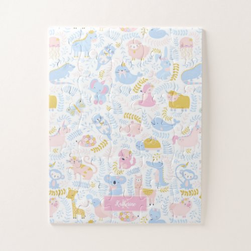 Cute Pastel Zoo Animal Monogrammed Girl Pink Jigsaw Puzzle