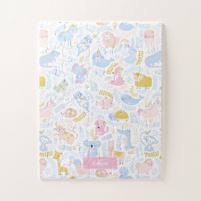 Cute Pastel Zoo Animal Monogrammed Girl Pink Jigsaw Puzzle (Vertical)