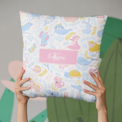 Cute Pastel Zoo Animal Monogrammed Girl Pink Throw Pillow