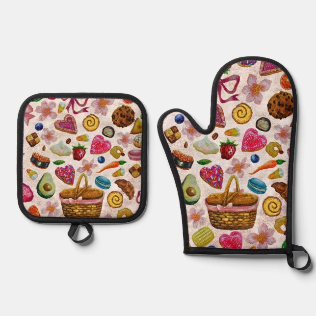 Cute Pastry Confections Sweets Oven Mitt & Pot Holder Set (Front)