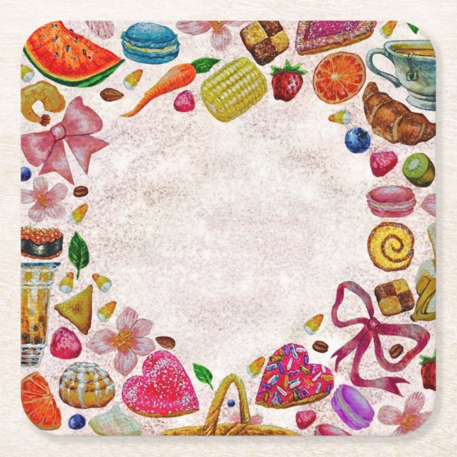Cute Pastry Confections Sweets Square Paper Coaster (Front)
