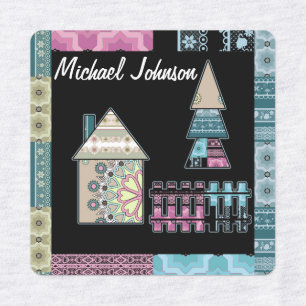 Cute patchwor quilting house tree abstract shapes kids' labels