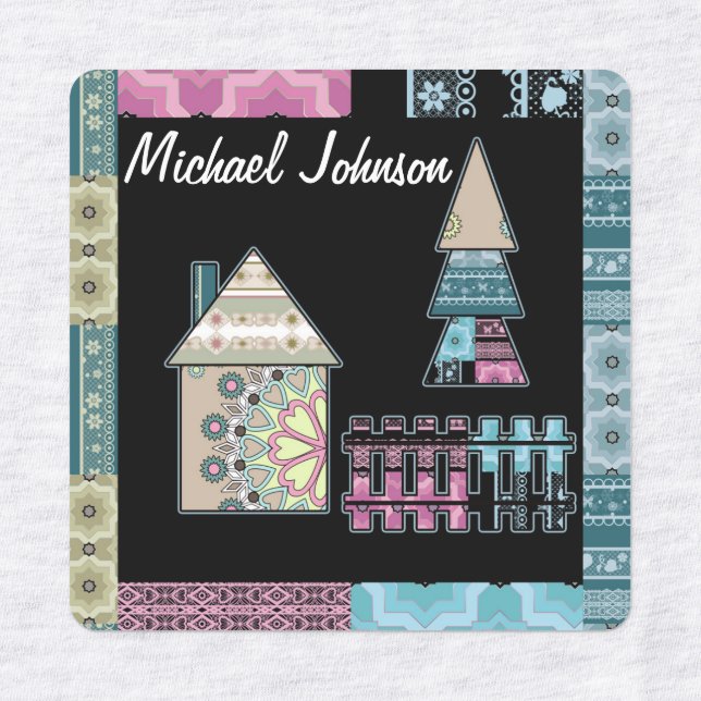 Cute patchwor quilting house tree abstract shapes kids' labels (Design 1)