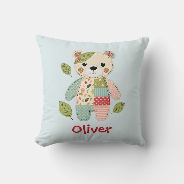 Cute Patchwork Bear Throw Pillow (Front)