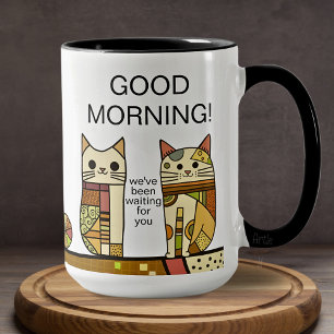 Cute Patchwork Cat Good Morning Coffee  Mug