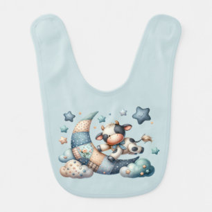 Cute Patchwork Cow Over Moon with Stars Baby Bib