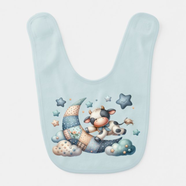 Cute Patchwork Cow Over Moon with Stars Baby Bib (Front)
