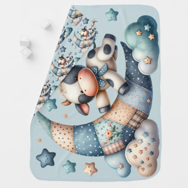 Cute Patchwork Cow Over Moon with Stars Baby Blanket (In Situ)