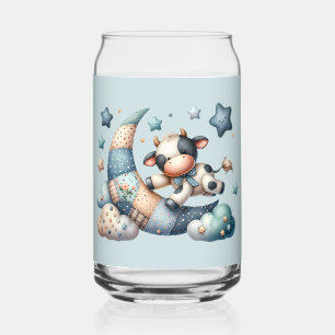 Cute Patchwork Cow Over Moon with Stars Can Glass