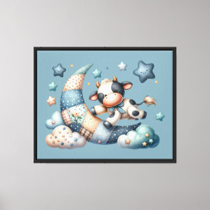 Cute Patchwork Cow Over Moon with Stars Canvas Print