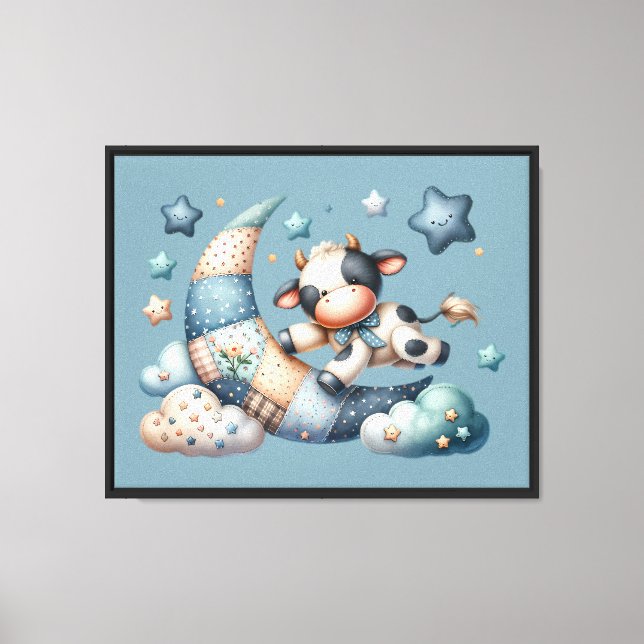 Cute Patchwork Cow Over Moon with Stars Canvas Print (Front)