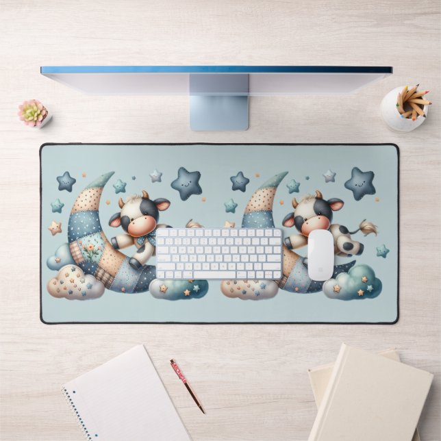 Cute Patchwork Cow Over Moon with Stars Desk Mat (Office 1)