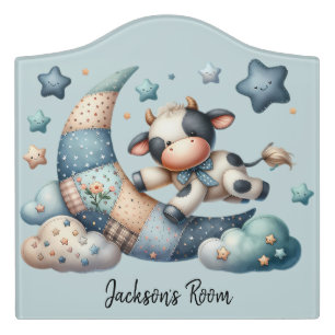 Cute Patchwork Cow Over Moon with Stars Door Sign