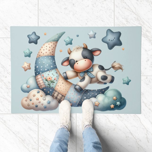 Cute Patchwork Cow Over Moon with Stars Doormat (Indoor)