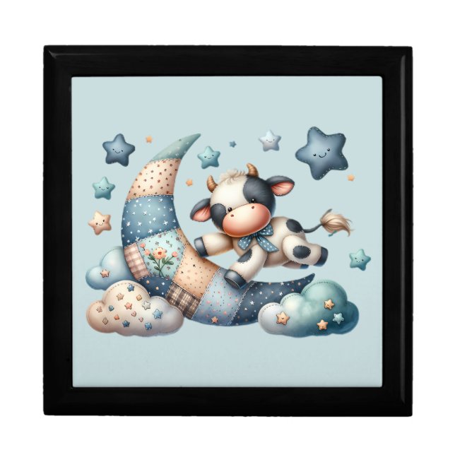 Cute Patchwork Cow Over Moon with Stars Gift Box (Front)