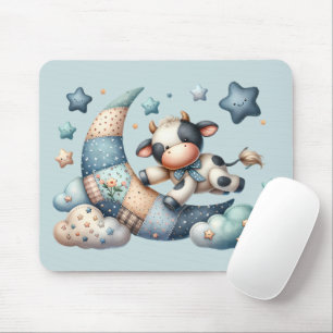 Cute Patchwork Cow Over Moon with Stars Mouse Pad