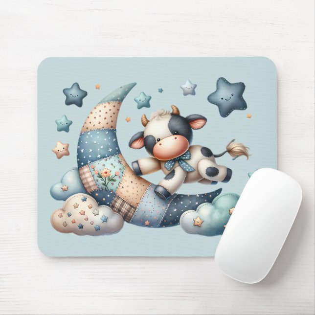 Cute Patchwork Cow Over Moon with Stars Mouse Pad (With Mouse)