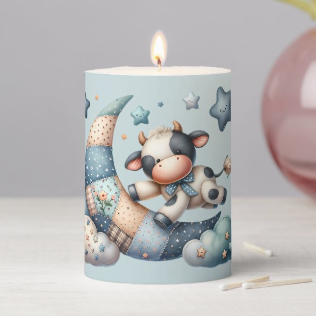 Cute Patchwork Cow Over Moon with Stars Pillar Candle (In Situ)